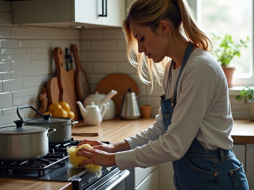 Женщина очищает духовку внутри от жира и нагара